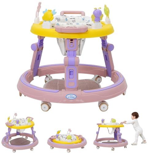 Girello pieghevole 5 in 1 di forma rotonda, regolabile in altezza, anti-rollover con centro musicale, ruote silenziose, cuscino girevole a 360°, per ragazze e ragazzi, 6-18 mesi, rosa