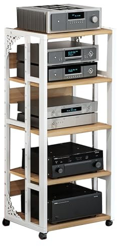 HiFi Rack Wohnzimmer Cd Regal Holz Audio Komponentenschrank Vintage Schwarz Weiß, für Zuhause Büro Wohnzimmer Tonstudio(White+Yellow,50 * 40 * 109CM)