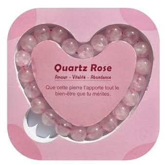 Yvelise Bracelet Quartz rose - Boite cadeau coeur 8mm AAA pour femme homme élastique - Pierres Naturelles de Lithothérapie - Cadeau de noel - 96