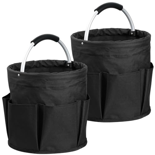 IHOMAGIC 2Pack Faltbar Putzmittel Organizer, 17L Einkaufskorb mit Griff und 6 Taschen, Tragbarer Werkzeugtasche aus Oxford-Gewebe, Multifunktionaler Aufbewahrungskorb für Reisen, Reinigung, Schwarz
