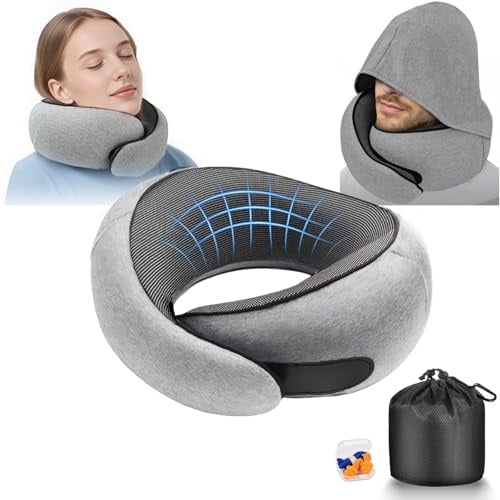Furansijin Cuscino da Viaggio Aereo Memory Foam con Cappuccio–Grigio Chiaro
