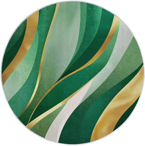 Grün Gold Rund Teppich Wohnzimmer, Modern Wellen Marmor, 160 cm Großer Weich Kurzflor Teppich Waschbarer Teppiche rutschfest Teppiche für Esszimmer Küchen Schlafzimmer Studie Heimbüro