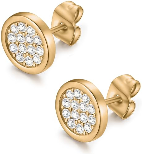 day.berlin Damen Zirkonia Ohrstecker Duo, Ø 9mm 2mm stark, 18K vergoldet | Elegante runde Ohrringe mit kleinen Zirkonia Kristallen aus 316L Edelstahl, nickelfrei und wasserfest