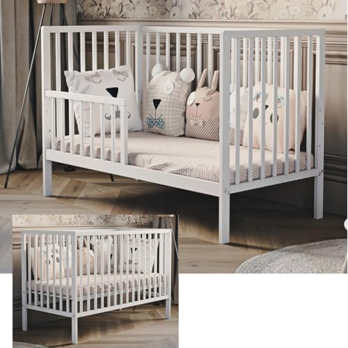 Generisch Holz Kinderbett 60x120 cm – Modell Happy – weiß – 3-Fach höhenverstellbarer Lattenrost – ohne Matratze - Babybett