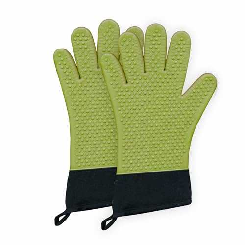 Silikon Ofenhandschuhe, Grün, 1 Paar, Hitzebeständig bis 250°C, mit Fingern, 34x20 cm, geprüftes und zertifiziertes Produkt