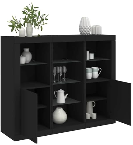 Owoxanthellate Sideboard Set Schwarz 123 x 37 x 100 cm 3 Stück Holzwerkstoff Glas Kommodenschrank mit RGB LED Beleuchtung Modernes Hochglanz Design Stauraum für Wohnzimmer Schlafzimmer Flur
