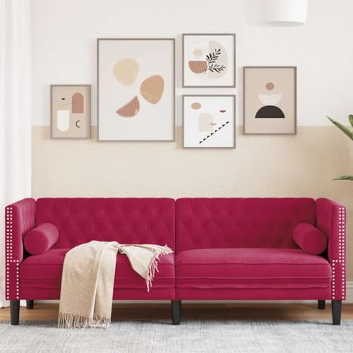 Yunovire Chesterfield Sofa 3-Sitzer, Weinrot Samt, mit Nackenrollen, 194 cm Breite, für Wohnzimmer, gemütlich, elegant