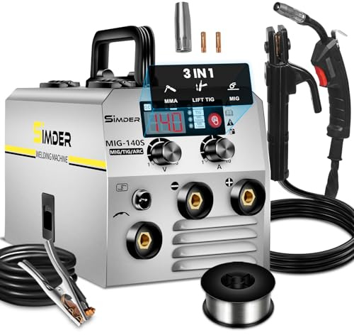 SSIMDER MIG140 Fülldraht Schweißgerät ohne Gas 140A 230V Synergie Elektroden Schweißgerät 3 in 1 Flux MIG/ARC,MMA/Lift WIG IGBT Inverter für Farm Repair Home DIY Autoreparatur