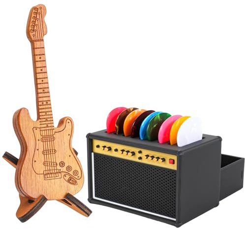 Gitarrenplektrumhalter-Box, Plektrum-Displayhalter, Plektrumhalter im Amp-Lautsprecher-Design und hölzerner Gitarrenplektrumhalter mit Ständer, Plektrum-Aufbewahrungsbox-Set