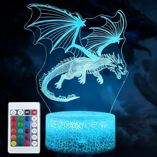 Pararty 3D Drachen Nachtlicht,Dragon Illusion Lampe mit Fernbedienung + 16 Farbwechsel Kinderzimmer Dekoration, Beliebtes Weihnachts- und Geburtstagsgeschenk für Jungen und Mädchen [Energieklasse A]