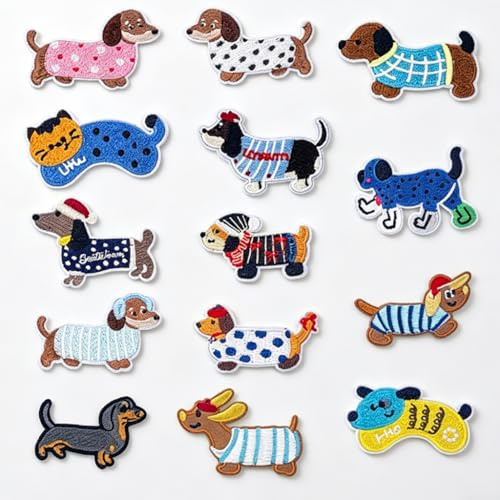 14 Stück Dackel Patches zum Aufbügeln, Niedliche Hunde Bügelbilder für Textilien, Bunte Stickerei Aufnäher Set, Bügelflicken für Kleidung Jeans Jacken Rucksack, DIY Reparatur & Dekoration Zubehör