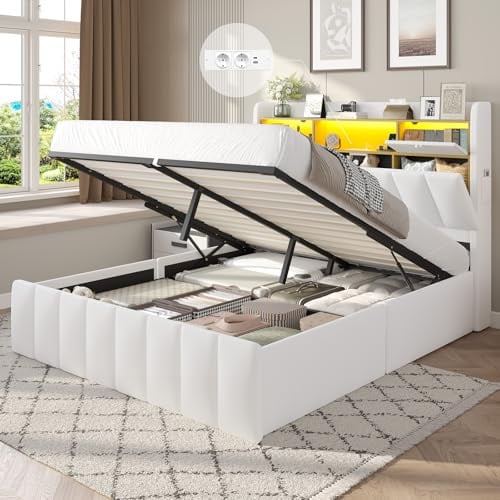 DICTAC Bett 160x200 mit LED Beleuchtung & Bettkasten – Boxspringbett 160x200 mit Stauraum und Lattenrost – Polsterbett 160x200cm mit integrierter Ladestation & mühelosem Anheben – weißes Leinen