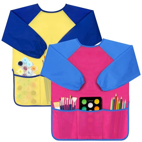 Bassion 2 Pack Kids Art Smock, Toddlers Painting Aprons Colorful Waterproof Children Artist Smock with Long Sleeve 3 Roomy Pockets for Age 2-8 Years Gifts(Blue Pink Yellow)