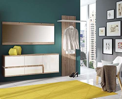 naka24 Wohnwand Schrankwand Wohnzimmer Möbel Milano II Eiche Nelson/Weiss Hochglanz (TV Board Wandregal Spiegel)