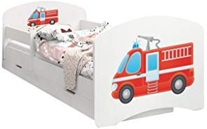 Happy Babies - Doppelseitiges Kinderbett MIT SCHUBLADE Modernes Design mit sicheren Kanten und Absturzsicherung Schaumstoffmatratze 7 cm. (140x70, 68. Feuerwehrauto)