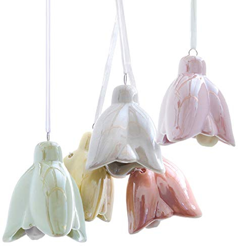 frühlingshafte dekorative Blütenanhänger Glocken-Blumenanhänger Porzellan hellgrün helltaupe Hellrosa gelb orange Preis für 5 Stück SortiertF