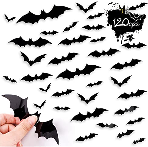 120 Stück Halloween 3D Fledermäuse Wand Aufkleber, 4 Größen Fledermaus Gruselige Fledermaus-Wanddekoration,Halloween Fledermaus Aufkleber für Fenster Wand, DIY Halloween-Partyzubehör