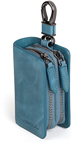 VISOUL Echt Leder Autoschlüssel Abdeckung Schlüsseltasche Auto Schlüssel Anhänger Antik Vintage Doppelter Reißverschluss Karabienerhacken Tasche Blau E01