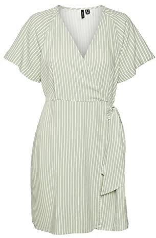 VERO MODA Damen Vmmymilo Wide Wrap Knee Dress WVN Ga Kleid, Reseda/Stripes:Snow White, XS EU