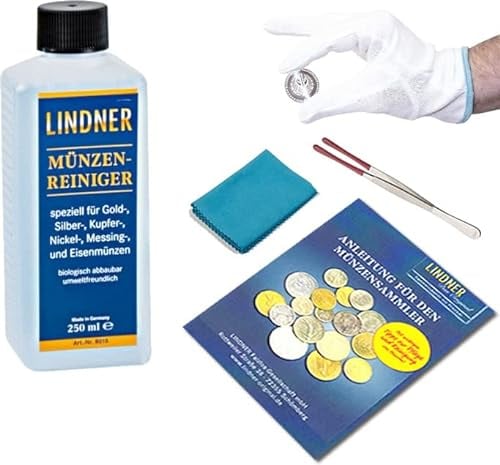 Lindner Grundausstattung Münzreinigung bestehend aus Münzen-Reiniger, Münzen-Pinzette, Münzen-Handschuhe, Pflegeschale, Anleitung - Zur Auswahl (Grundausstattung 1)
