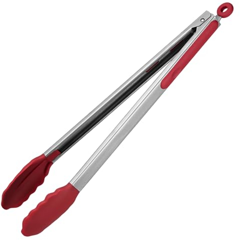 U-Taste 40cm Silikon-Küchenzange 315℃ hitzebeständige Kochzange mit fest versiegelten Antihaft-Gummispitzen & silikonbeschichtetem Stahlgriff & glatter Verriegelung zum Servieren von Grillsalat (Rot)
