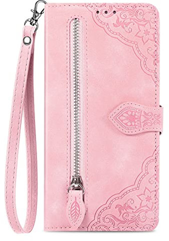 NEXCURIO Zip Wallet Case Compatible with Apple iPhone 14 Pro Phone Case Wallet with Credit Card Holder Strap Stand Women Leather Flip Case Floral Folding Cover Shockproof - Pink