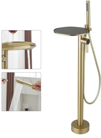 BWE Gebürstetes Gold Freistehende Badewanne Wasserhahn Bodenmontage Einhandgriff Moderne Wannenfüller Hohe Durchflussmenge Badezimmer Armaturen Mischbatterie mit Handbrause