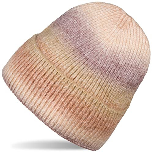 styleBREAKER Damen Strickmütze mit Streifen Farbverlauf im Ombré Look, Feinstrick Mütze, Strick Beanie 04024199, Farbe:Rost-Beige-Aubergine