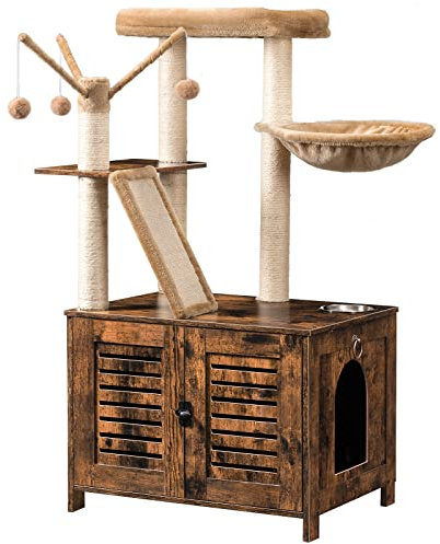HOOBRO Arbre à Chat, Maison de Toilettes pour Chat avec Volets battants et Poteau à Griffe, Meuble en Bois d’ingénierie, Design Cache-litière, 56 x 48 x 112 cm, Marron Rustique EFG48MZ03