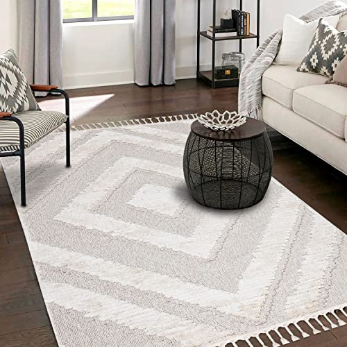payé Teppich Wohnzimmer - 140x200cm - Creme - Raute - Hochtief Effekt - Fransen Deko Boho Flauschig - Cut & Loop Sisal - Schlafzimmer Flur Dekoration Läufer