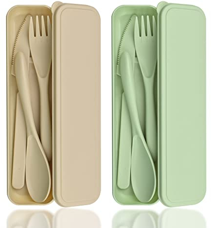 Juego de Cubiertos de Camping, 2 Cubiertos de Viaje con Estuche, Cubiertos de Plástico Reutilizables,Juego Vajilla de Plástico Cuchillo Tenedor Cuchara,Traje Utensilios para Picnic(Verde Beige)