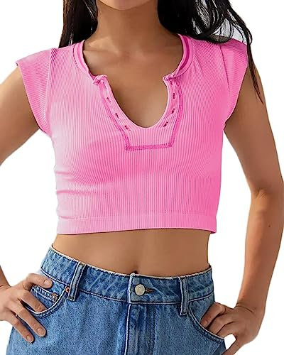 Beumissy Canotta Crop Top Girocollo da Donna a Maniche Corte in Maglia a Coste, Rosa, S