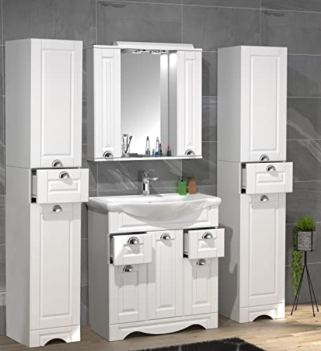 VCM 5-TLG. Waschplatz Waschtisch Breite 75 cm Badmöbel Set Waschbecken Spiegelschrank Hochschrank Landhaus Schublade Casalo XL