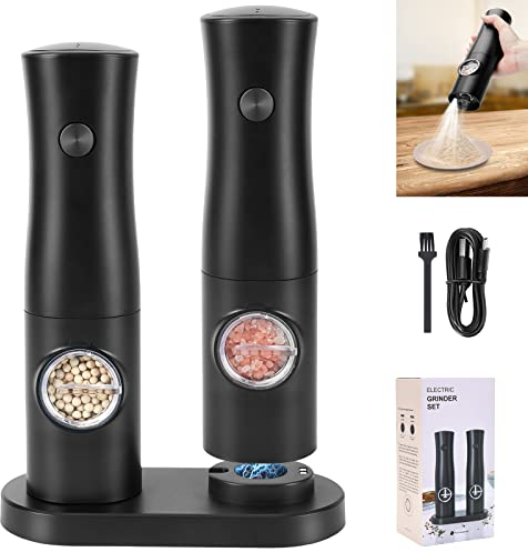 WADEO Salz- und Pfeffermühlen Set Elektrisch mit Basis, Dual Salz und Pfeffermühle mit LED-Licht und Einstellbarer Grobheit, Wiederaufladbare Gewürzmühle mit Keramikmahlwerk-Guter Helfer für Küche