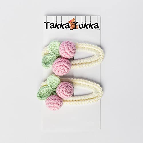 TakkaTukkaBaby® [2er Set] „Haarspangen handmade“ & „Haarspangen Mädchen“ - rosa Kirschen - hochwertig gehäkelt aus Baumwolle und Acryl Garn