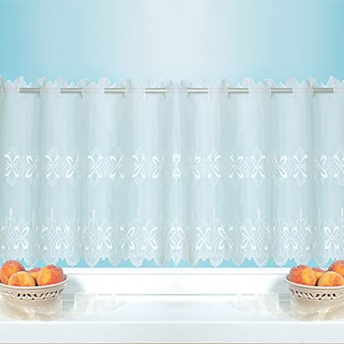 Bistrogardine (Blumen Ornament) mit Schlaufenaufhängung (45 x 155 cm), transparente Uni Scheibengardine, Vorhang, Kurzgardine, Voile Gardine