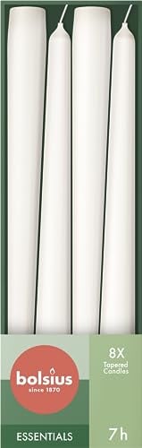 Bolsius Glatte Spitzkerzen - Weiß - Set 8 Stück im Karton - Dekorative Haushaltkerzen - Brenndauer 7 Stunden - Unparfümierte - Natürliches Pflanzenwachts - Ohne Palmöl - 24,5 cm