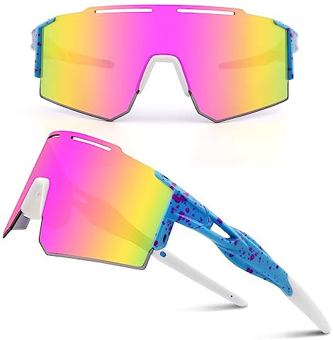 DUDUKING Sonnenbrille Fahrradbrille Herren Damen,Wassertransferdruck Sportbrillen Radsport Brillen für Outdoorsport Radfahren Laufen Golf UV 400 Schutz Baseball Brille (Blau Rosa)