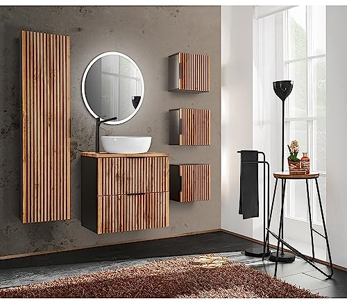 Lomadox Badmöbel Komplett Set anthrazit Wotan Eiche Nb. schwarz Waschtisch mit Unterschrank 60 cm, Waschbecken, Spiegel, Hängeschränke, Hochschrank