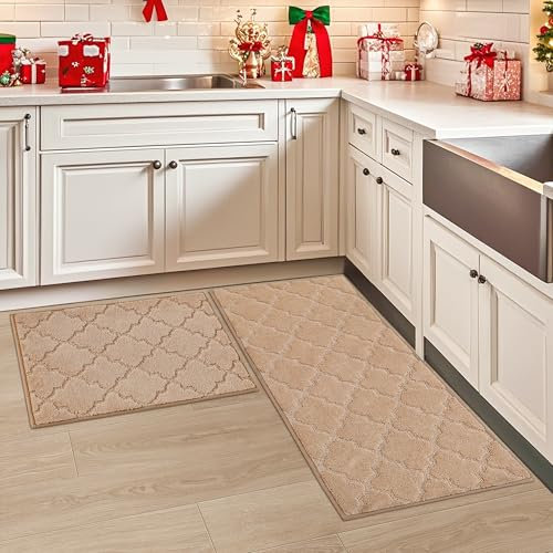 COSY HOMMER Nonslip Kitchen Rug Set 2 Pack, 51x76cm+51x122cm, 100% Polyester Absorbent Soft Kitchen Floor Mats Carpet Rug Mat Runners,Machine Washable & Anti-skid TPR Backing, Beige