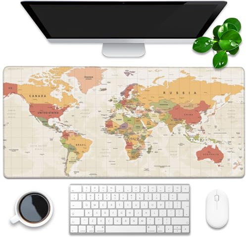 Desk Mat, Yellow Vintage World Map Extended Gaming Mouse Pad Large, 35.4x15.7 Big Mouse Pad with Non-Slip Base and Stitched Edge, Long Computer Keyboard Mouse Mat for Home Office Work