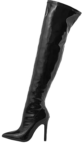 Tacco alto Lacca Morbida Pelle Cerniera Interna Alla Moda Esterna Elastico Sopra il Ginocchio Stivali A Punta Coscia Scarpe Alte Donne, Nero , 38 EU
