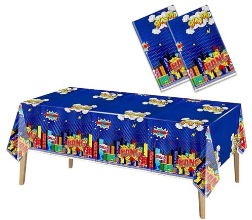 YiYou Superhero Tablecloth Plastic 2 Packs 54 x 108 Inches Superhero Theme Party Supplies Rectangle Table Cover Waterproof Blue Disposable Tablecloths Superhero Party Decorations