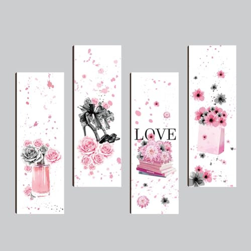 nbeads 4 Pcs Panneau Mural en Bois avec Fleurs Roses et Noires, Décoration Murale à Talons Hauts Art Mural des Filles de la Mode pour Décoration de Chambre, Mariage, Fête Rose, 3.94×11.81 Pouces