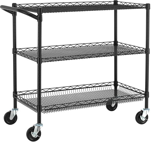 Finnhomy Schwerlastwagen mit 3 Etagen, kommerzielle Qualität, Draht-Rollwagen mit Lenker, Stahl-Servicewagen mit Rollen, Küchenwagen auf Rädern, Metallwagenregal, Größe 45,7 cm D x 91,4 cm B, NSF,