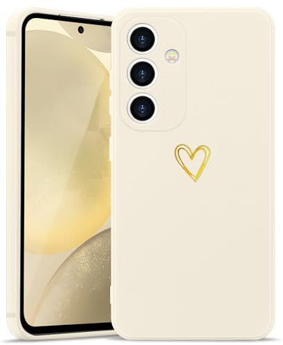 Wirvyuer for Samsung S24 Cute Heart Case for Women, Beige | Skin-feel Soft Silicone, Love-Heart Pattern Design Phone Case, Shockproof Protective Slim TPU Bumper Cover for Girls