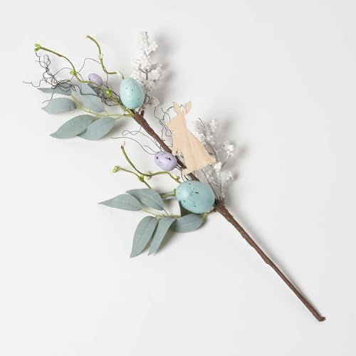 Homescapes Osterstecker blau-grün, Dekozweig mit Ostereiern und Hase 46cm, Blumenstecker Ostern, Frühlingsdeko Pastellfarben