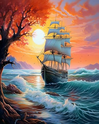 PIPISKY Malen-nach-Zahlen-Set,Ein Segelschiff, das an der bunten Küste angedockt ist,Kreative digitale Ölgemälde: Schaffung einzigartiger Kunsträume,40x50cm,Ohne Rahmen