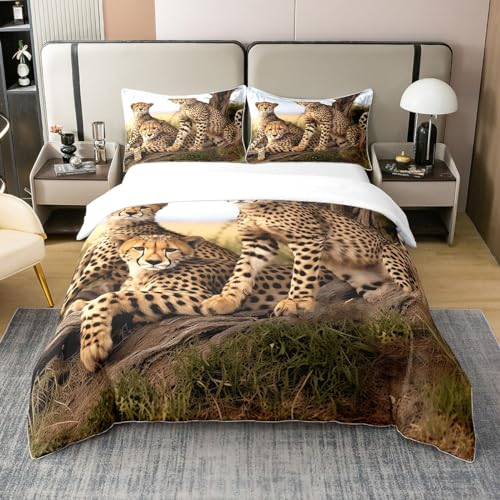 Leopard 100% Baumwolle Bettwäsche Set Geparden Bettbezug 135x200 Leopard Print Tröster Abdeckung für Kinder Männer Frauen Erwachsene Afrikanische Savanne Wildlife Tiere Bettbezug 1 Kissenbezug