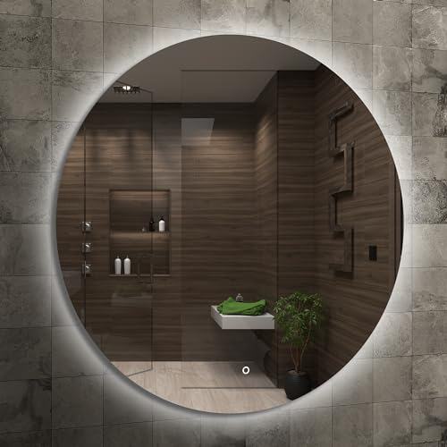 Home Glow Venti 60cm Runder Badezimmerspiegel mit LED Beleuchtung, Runder LED Badspiegel mit Touch Schalter, Spiegel mit naturweißem hintergrundbeleuchtetem LED Licht.